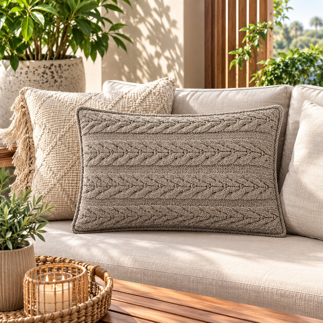 Stone Grey Leaf-Cable Knit Bolster Cushion