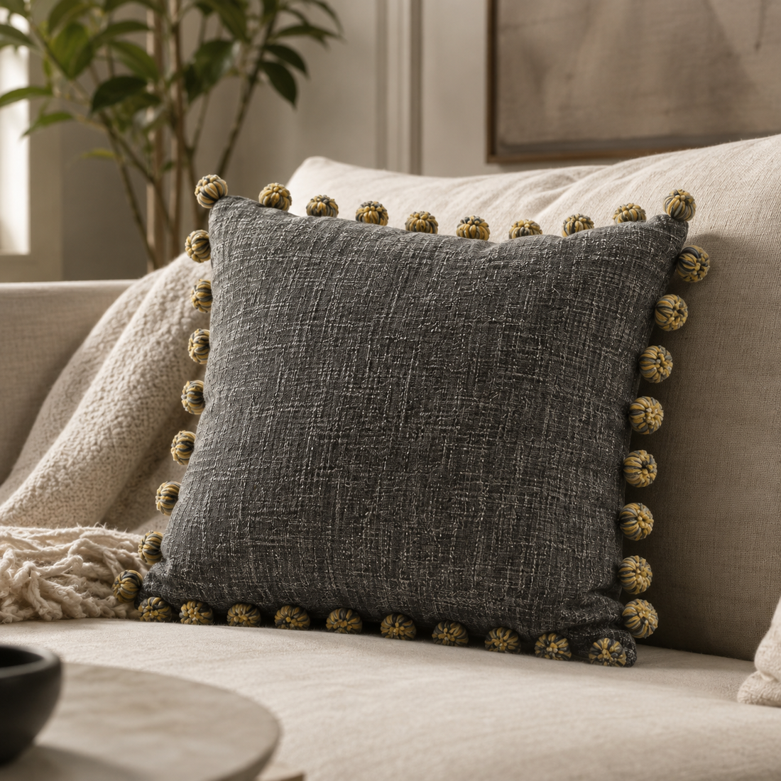 Charcoal Tweed Pompom Cushion
