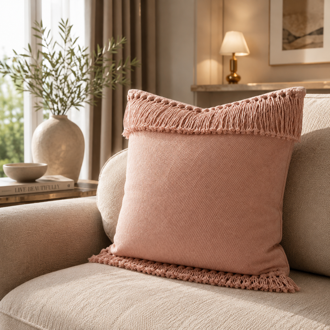Blush Pink Fringe Woven Cushion