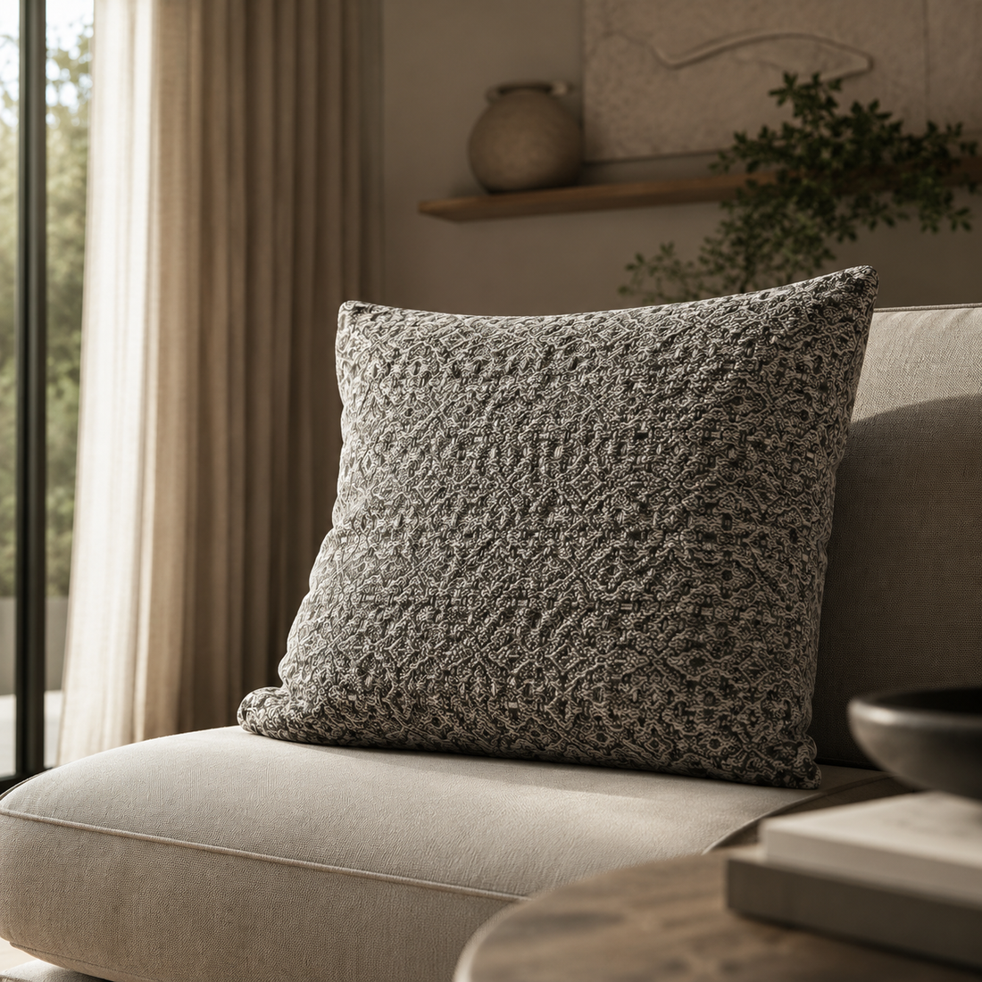Charcoal Ornate Jacquard Cushion
