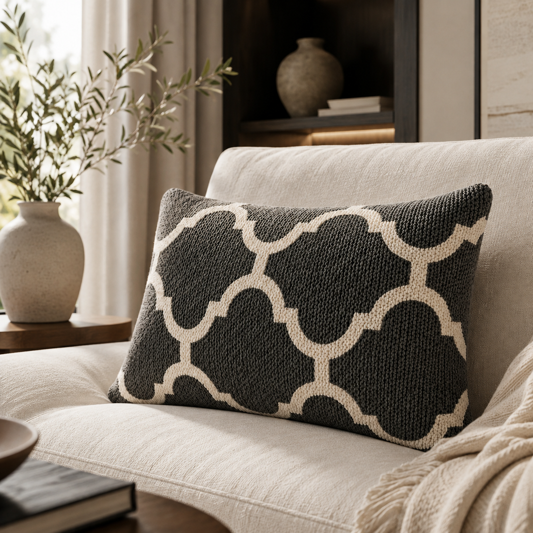 Charcoal Moroccan Trellis Knit Bolster Cushion
