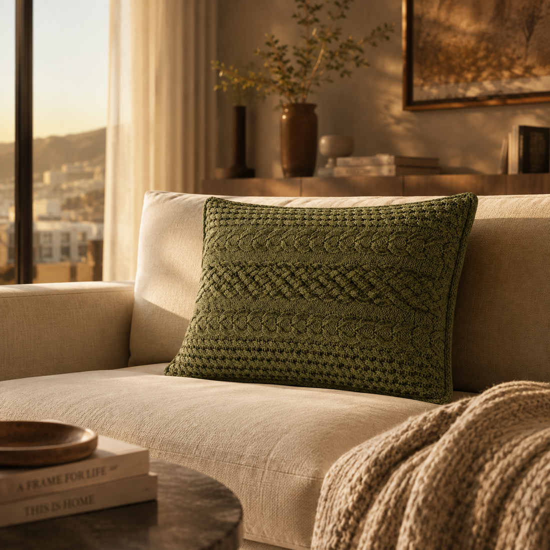 Olive Green Cable Knit Bolster Cushion