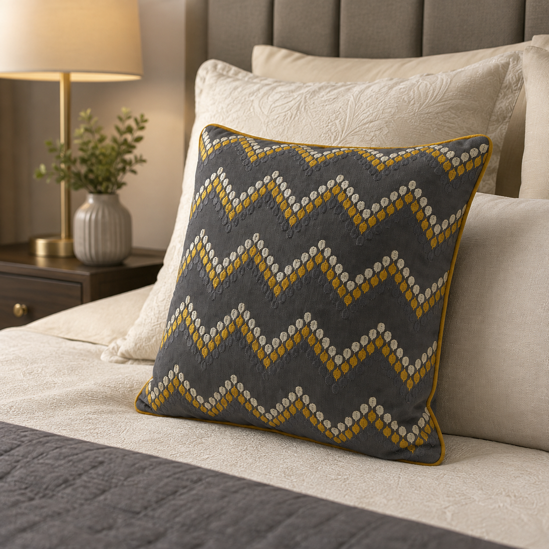 Chevron Embroidered Cushion — Grey & Mustard