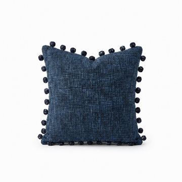 Navy Blue Pom Pom Chenille Cushion