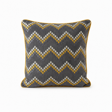 Chevron Embroidered Cushion — Grey & Mustard